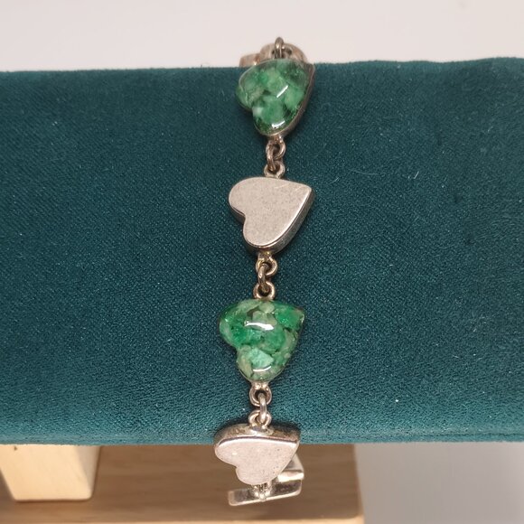 Vintage Mexican Malachite Sterling Silver Heart Bracelet. - Picture 1 of 5